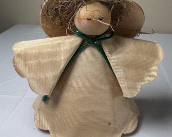 Figurine d'ange faite main brindille rustique halo visage en bois doré ailes de tissu vacances