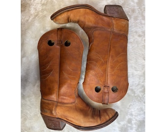 ACME Tan Leather Patina Western Cowboy Boots Round Toe Tall Pull-On Mens 9.5 D