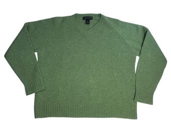 GIASONE Pull à col en V en laine d'agneau homme taille XL vert à manches longues en tricot décontracté