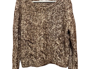 Womens Brown Cream Marled Chunky Cable Knit V-Neck Oversized Sweater