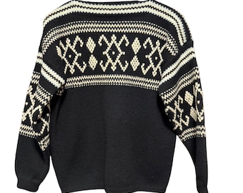 Meister Knit Vintage 100% Wool Sweater Black Cream Nordic Fair Isle Austria