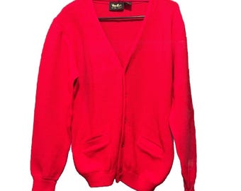 VanCort Men Red V-Neck Button Front Acrylic Knit Cardigan Sweater Size M Vintage