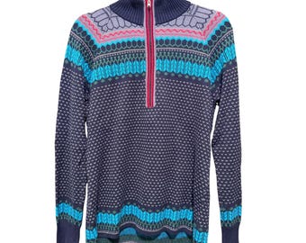 Pull Eddie Bauer en tricot jacquard pour femme Bleu vert rose Medium Vtg