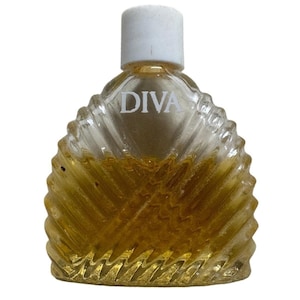 Perfume Vintage Diva Paris Mini EDT em frasco triangular canelado, 80% cheio.