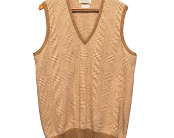 Paul Stuart Scotland Geelong Lambswool V-Neck Sweater Vest Tan Plaid Mens Large