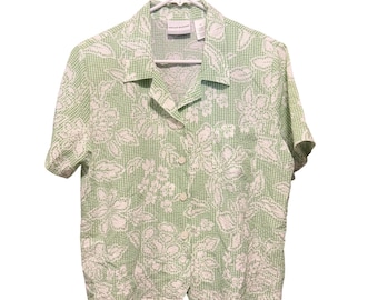 Alfred Dunner Green Gingham Floral Button Down Shirt Womens 14P Short Sleeve