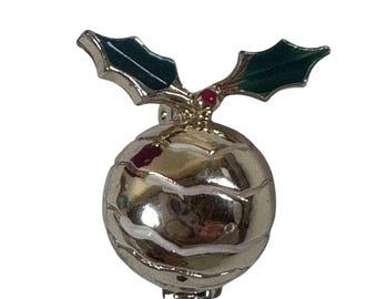 Gold Tone Christmas Ornament Holly Berries Brooch Pin Festive Holiday Jewelry