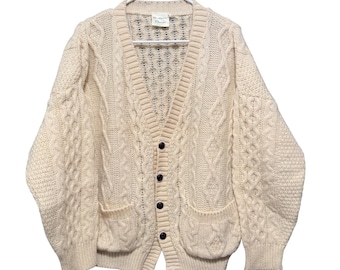 Emerald Design Cream Cable Knit Cardigan Sweater Mens Large Chunky V-Neck Pocket