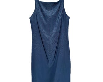 CDC Navy Blue Beaded Sheath Dress Women 12 Square Neck Sleeveless SDC446 USA
