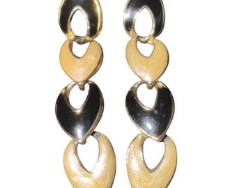 Vintage Style Black Cream Enamel Gold Tone Teardrop Geometric Dangle Earrings