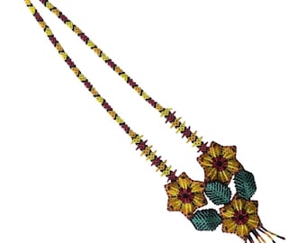 Handmade Huichol Style Beaded Sunflower Necklace Yellow Floral Folk Art Fringe