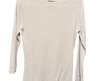 Tailor B Moss Cream Ribbed Boat Neck Sweater Crochet Lace Cuff Women Small