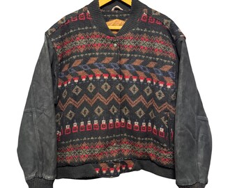 Woolrich Mens Vintage Southwestern Wool Leather Sleeve Bomber Jacket Brown