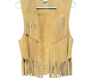 Vintage Tan Suede Leather Fringe Vest Womens Large Western Boho Festival 70s