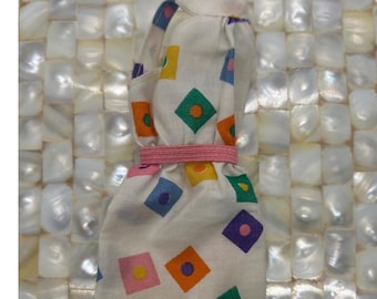Vintage Style Geometric Square Print Doll Dress White Pink Elastic Waist 11.5in