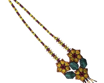 Beaded Flower Necklace Yellow Red Green Statement Handmade Jewelry