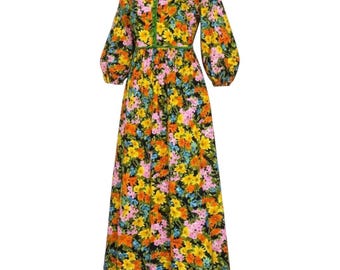 Vintage Tori Richard Honolulu Floral Barkcloth Maxi Dress Green Orange 70s Boho