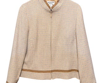 Pendleton Womens 12 Wool Houndstooth Full Zip Jacket Leather Trim Beige Made USA
