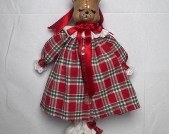 Figurine vintage en céramique d'ours en peluche, robe à carreaux rouge, décoration de Noël
