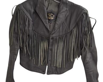 Cevi's Exclusive Gray Leather Fringe Western Jacket Cropped Made Mexico Medium