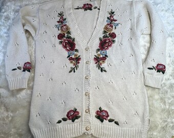 Capacity Petites Vintage Floral Embroidered Pointelle Knit Cardigan Ivory PM
