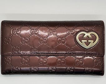 Gucci Guccissima Heart Brown Leather Patent Leather Flap Tri-Fold