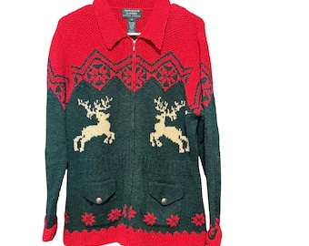 Lauren Ralph Lauren Hand Knit Reindeer Fair Isle Zip Cardigan Sweater Red Green