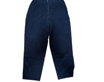 LL Bean Womens 8 Pet Navy Blue Corduroy Pants Pleated High Rise Tapered 0QT99