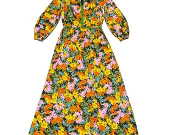 Tori Richard Honolulu - Robe longue à imprimé floral et bordure verte à manches longues Petit