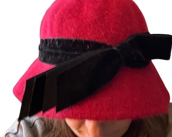 Collection Eighteen Red Angora Cloche Hat Black Velvet Bow Vintage Style