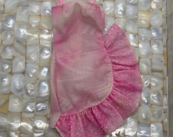 Genuine Barbie Pink Floral Ruffle Mini Dress Silver Glitter Doll Clothes Vintage