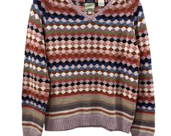 Cousin Johnny Womens Cotton Knit V-Neck Sweater Multicolor Geometric Diamond L