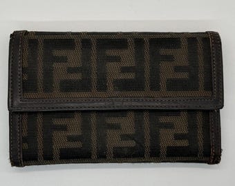 Fendi Zucca Print Canvas Leather Trim Bi Fold Wallet Brown Authentic Designer