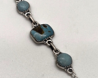 Vintage 925 Sterling Silver Link Bracelet Turquoise Stone Southwestern 8.25 In