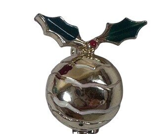 Vintage Christmas Ornament Brooch Gold Tone Enamel Holly Berry Festive Pin