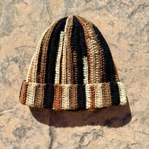 Scrap Yarn Crochet Ribbed Beanie Brown Multi