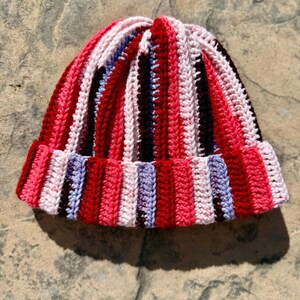 Scrap Yarn Crochet Ribbed Beanie Red Multi