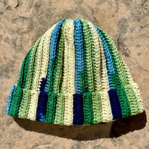 Scrap Yarn Crochet Ribbed Beanie Green Multi