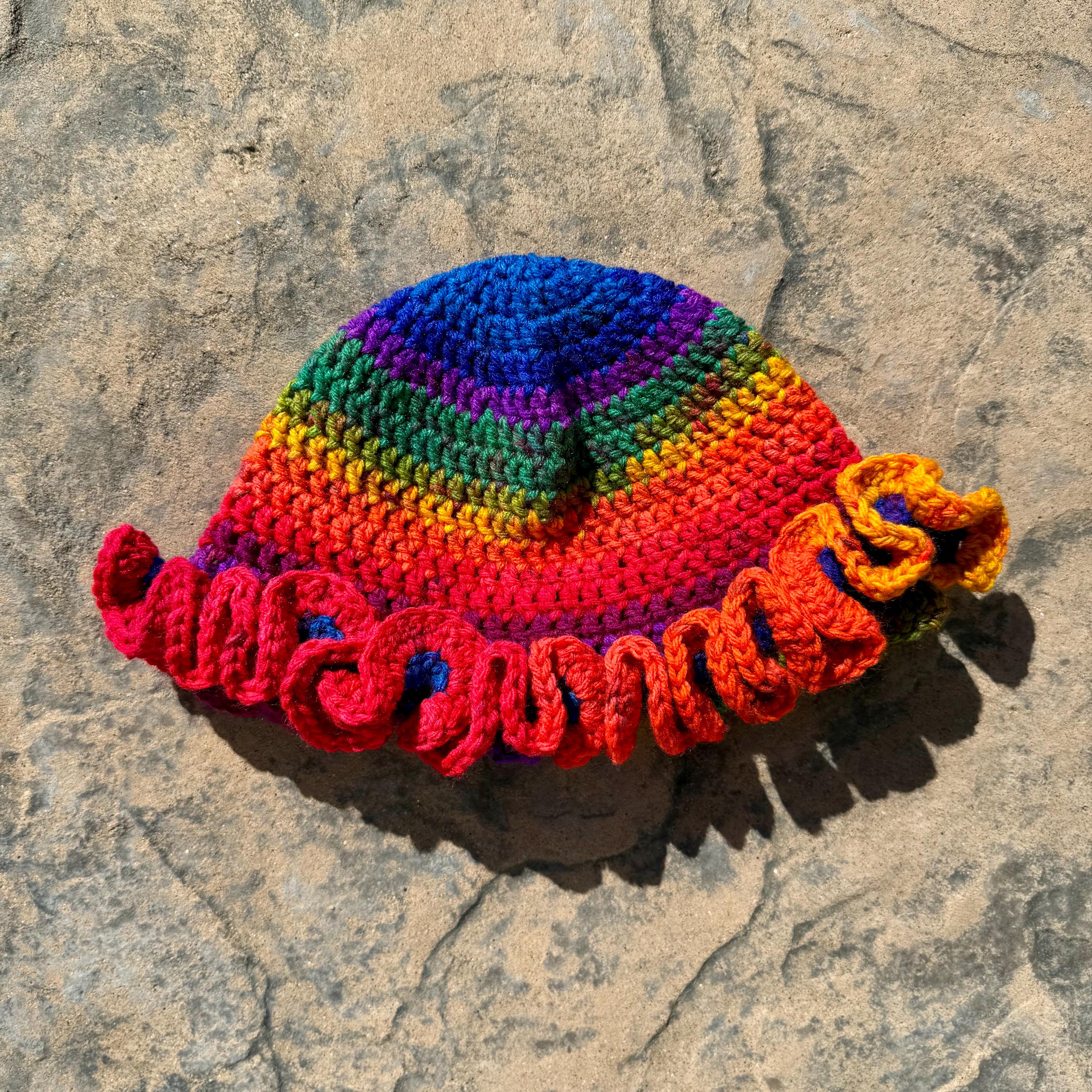 Autumn Rainbow Handcrafted Acrylic Crochet Ruffle Hat OS Rainbow Crochet Ruffle Hat, Crochet Bucket Hat, Gift for Her  main image 3