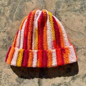 Scrap Yarn Crochet Ribbed Beanie Citrus Multi