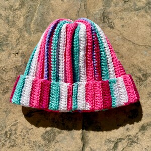Scrap Yarn Crochet Ribbed Beanie Pink Multi