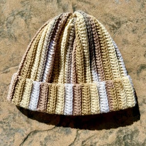Scrap Yarn Crochet Ribbed Beanie Creme Multi
