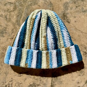 Scrap Yarn Crochet Ribbed Beanie Blue Multi