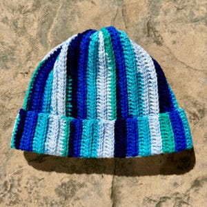 Scrap Yarn Crochet Ribbed Beanie Royal Blue Multi
