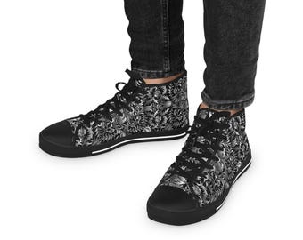 Stylowe męskie trampki z wysoką cholewką | Modny czarny kwiatowy wzór, wyjątkowe obuwie, codzienne trampki, prezent dla niego, buty w stylu ulicznym
