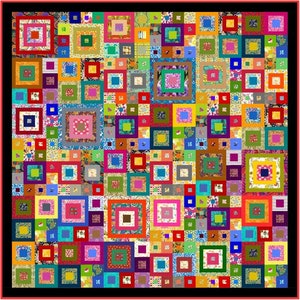 May include: A colourful quilt with a patchwork design featuring squares of various sizes and patterns. The quilt is made up of many different colours, including red, blue, green, yellow, and orange. The quilt is framed with a black border and a red outer border.