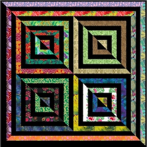 May include: A colorful quilt with a geometric design. The quilt features four large squares, each with a smaller square nested inside. The squares are made up of various patterned fabrics in shades of red, green, blue, and gold, with black borders.