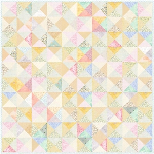 May include: A patchwork quilt with a repeating triangular pattern in pastel shades. The quilt uses floral, polka dot, and plain fabrics in pink, yellow, blue, and green. It has a delicate, light blue border. The quilt is likely made of cotton.
