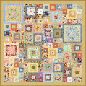 May include: A colorful patchwork quilt with a variety of floral patterns and colors, including blue, green, yellow, and red. The quilt is made up of many squares, each with a different pattern. The quilt is framed with a gold border.