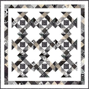 May include: A monochrome quilt in black, white, and beige. The design features repeating diamond shapes and squares with text. The quilt has a white border and a patterned border with triangles. The overall pattern is symmetrical and visually appealing.